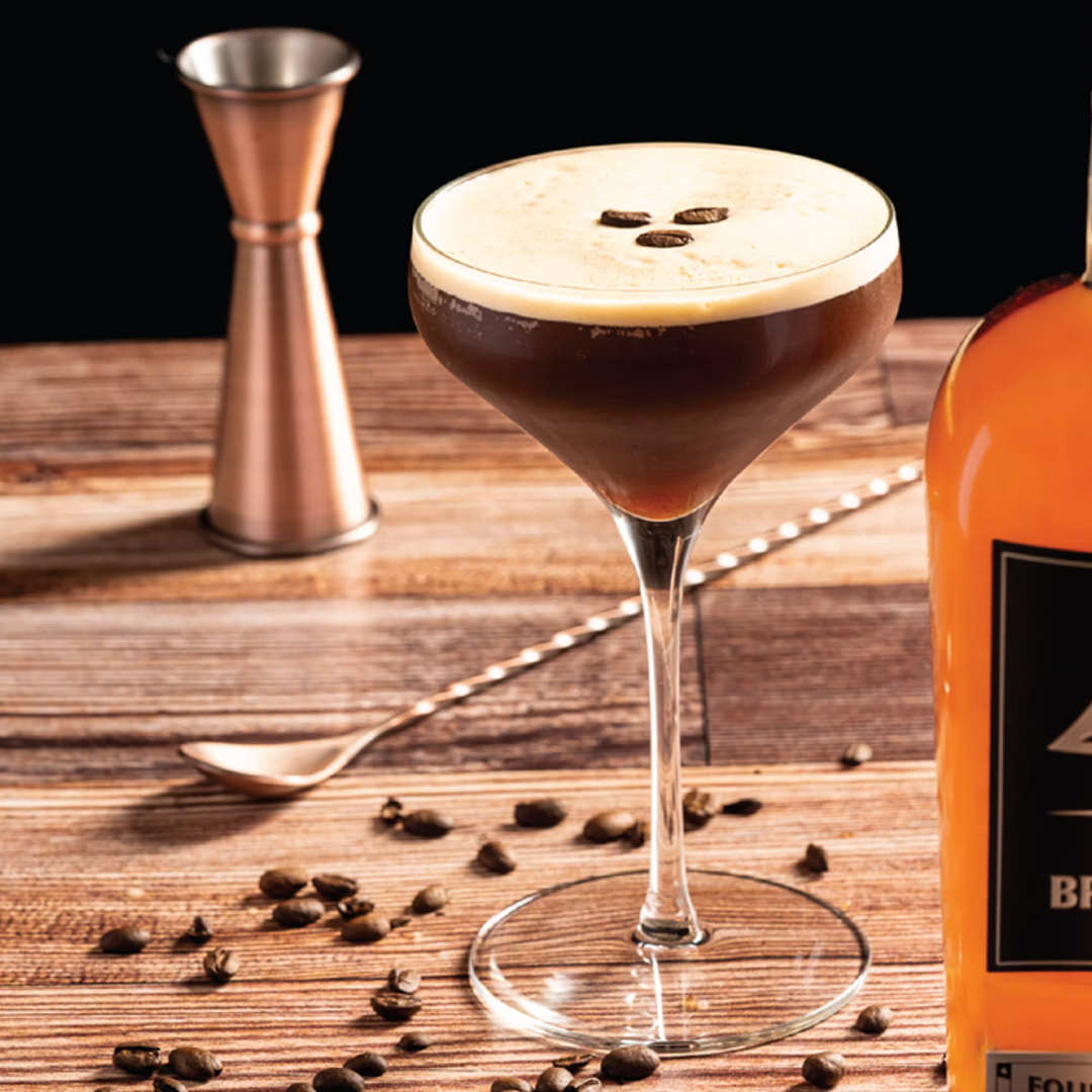 On Point Martini bourbon espresso cocktail with coupe glass and coffee bean garnish